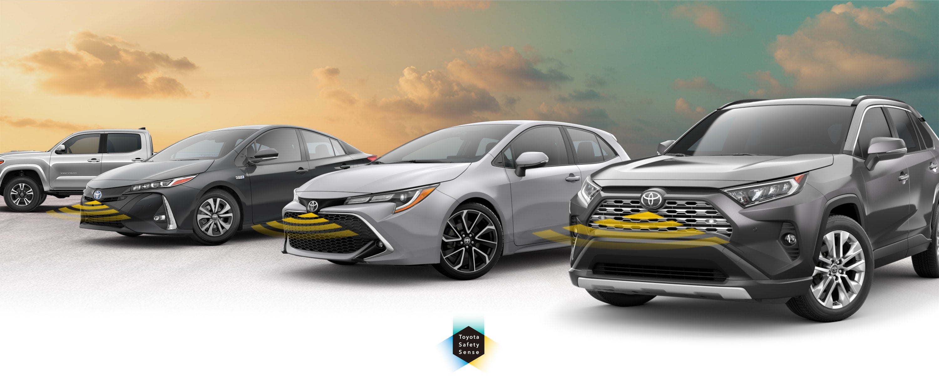 Toyota Safety Sense: Designed for Safety. Options shown on Toyota models including RAV4, Tacoma, and Camry, available now at Chuck Patterson Toyota in Chico CA.